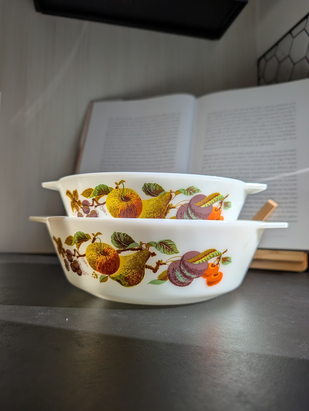 Pyrex White Casserole Bowls with Harvest Fruit Motif